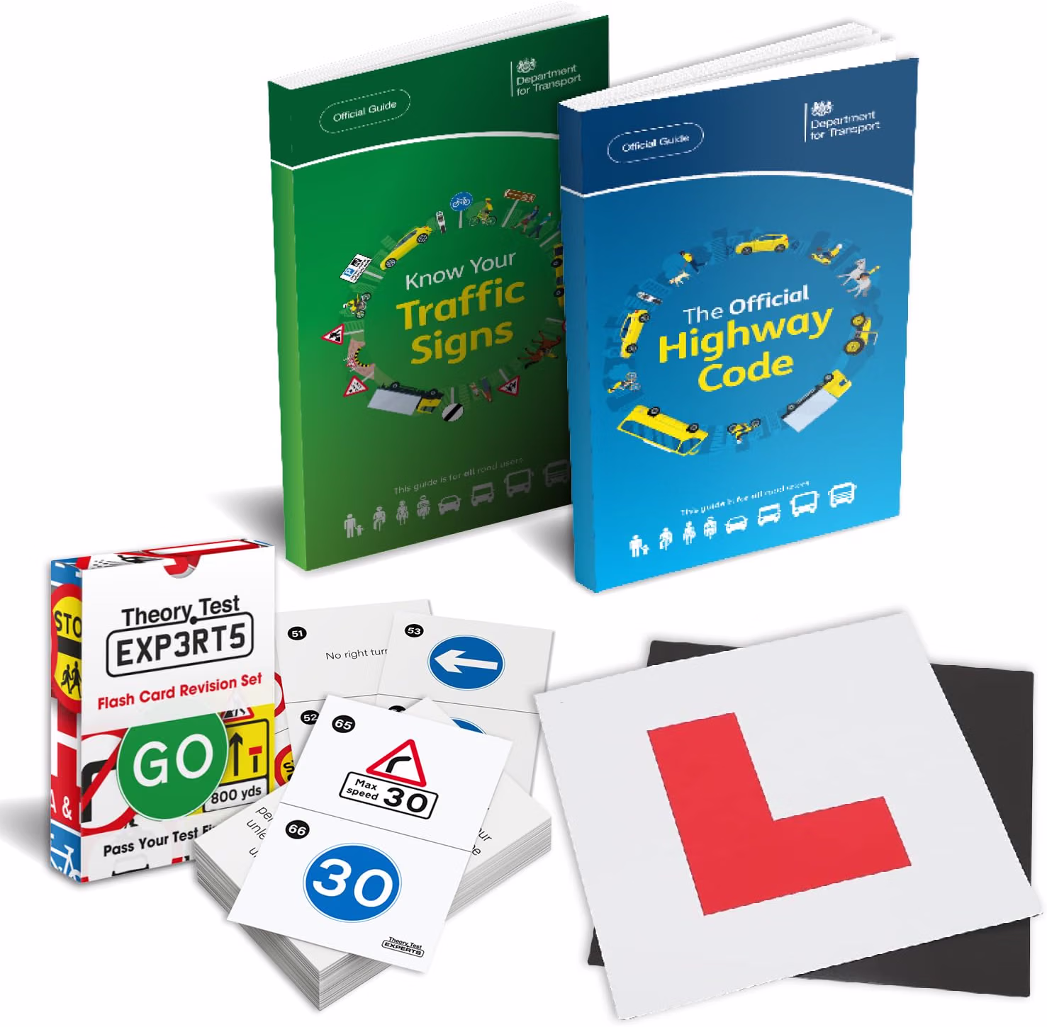 Medium driving theory revision bundle with books, flash cards and L plates