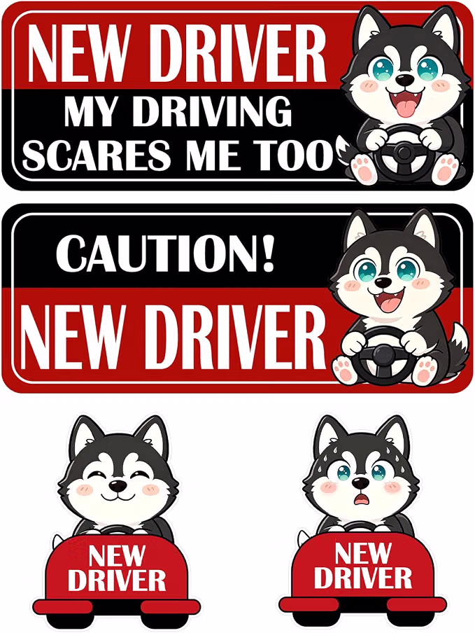 New-driver warning sticker set with cartoon dog designs