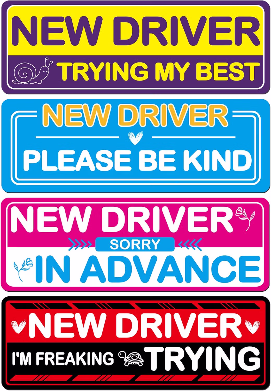 Four colourful new-driver warning stickers